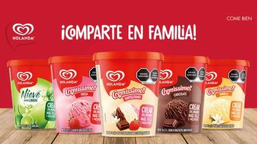 Banner para Helados Holanda. Se observan los helados Napolitano, Chocolate, Vainilla, Fresa y Limpon en su presentacipon de 1L con el call to action "¡Comparte en familia!