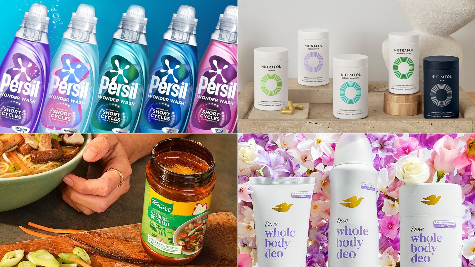 Un collage the cuatro paneles mostrando diferentes productos de Unilever. Cinco coloridas botellas de detergentes Persil Wonder Wash, un container minimalista de suplementos Nutrafol en un background beige; una cucharada de comida junto a un pote de Knorr especias; y productos Dove Whole Body Deo dispuestos entre flores blancas y rozadas.