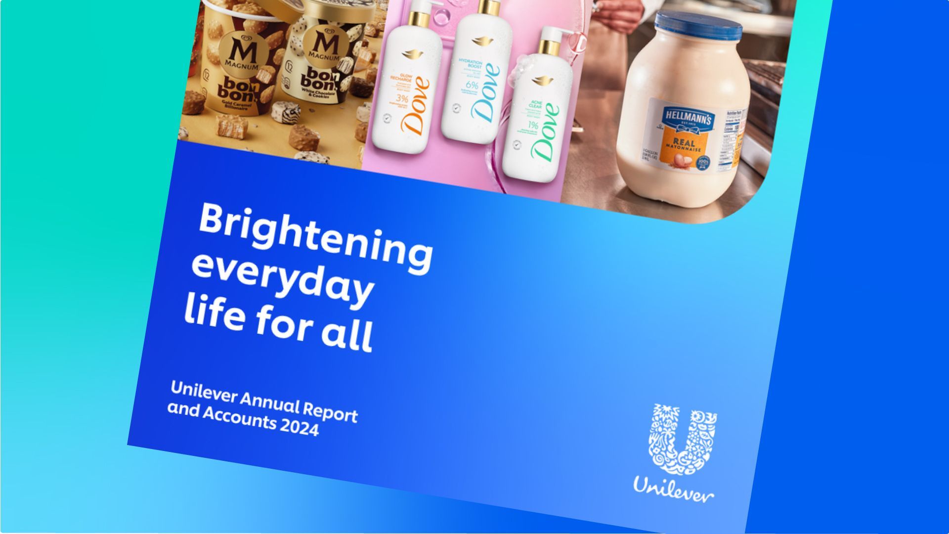 La portada del Informe y Cuentas Anuales 2024 de Unilever muestra imágenes de las marcas Magnum, Dove y Hellmann’s