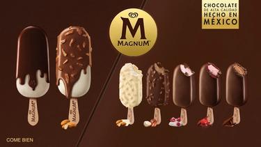 En un fondo café caracterísitco de Magnum, se observan las paletas del portafolio (clásica, almendras, chocolate blanco con almendras, praliné, Yogo Supremo, Doble Frambuesa y Doble chocolate). En la parte superioir en el centro está el logo de la marca y en la esquina superior derecha el claim "chocolate de alta calidad hecho en México".
